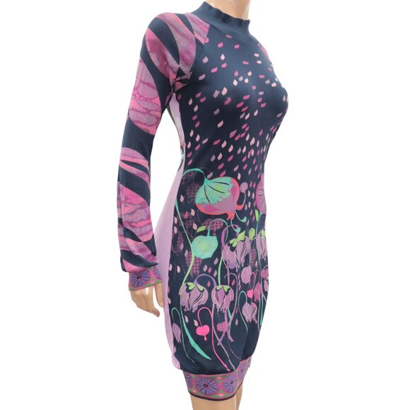 CUSTO BARCELONA Flower POPPY Motorcycle Print Long Sleeve Body Con Dress M/L - Picture 5 of 10